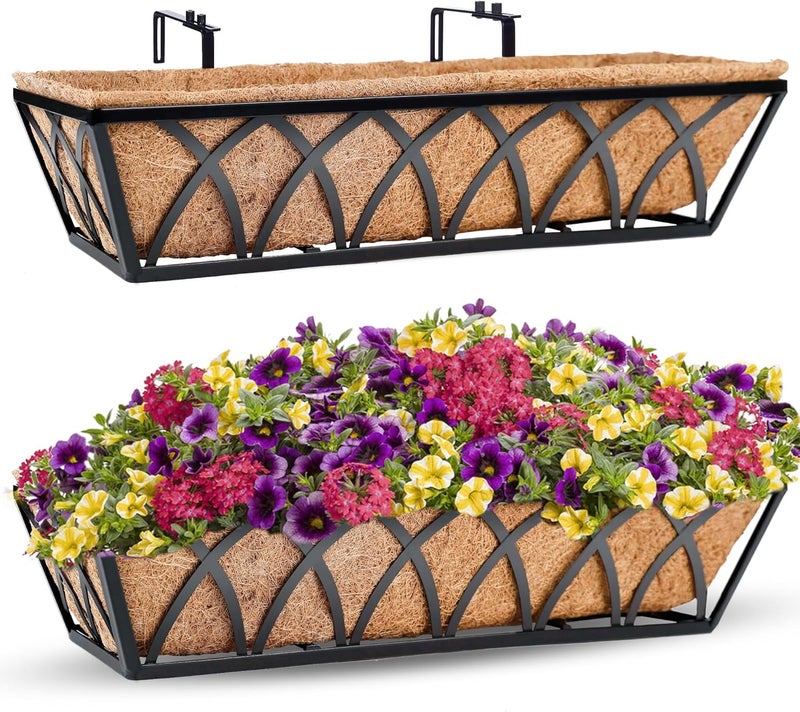 YM 24 Inch Window Deck with Coco Liner, 24" Window Boxes Horse Trough with Coconut Coir Liner, Fence Metal Hanging Flower Planter Window Basket Deck Railing Planter Boxes for Outdoor Garden Lawn, 2pcs - Image 1